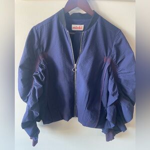 Minki Women's Navy Ruffle Sleeve Bomber Jacket